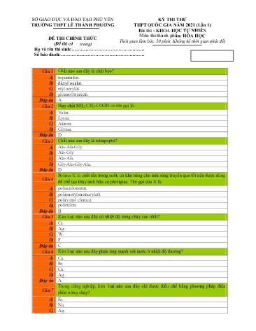 Đề thi thử THPT Quốc gia năm 2021 lần 1 môn Hóa học 12 - Trường THPT Lê Thành Phương (Có đáp án)
