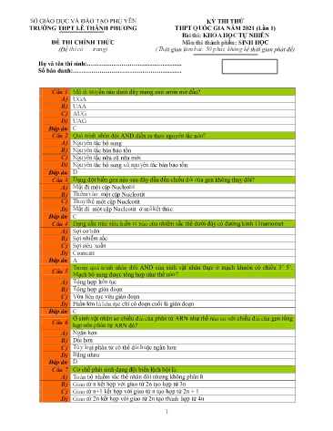 Đề thi thử THPT Quốc gia năm 2021 lần 1 môn Sinh học - Trường THPT Lê Thành Phương (Có đáp án) Đề thi thử THPT Quốc gia năm 2021 lần 1 môn Sinh học - Trường THPT Lê Thành Phương (Có đáp án)