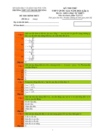 Đề thi thử THPT Quốc gia năm 2021 lần 1 môn Vật lí 12 - Trường THPT Lê Thành Phương (Có đáp án)