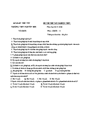 Đề thi thử tốt nghiệp THPT môn Giáo dục công dân - Năm học 2019-2020 - Trường THPT Nguyễn Huệ (Có đáp án)