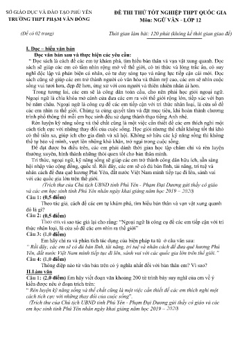 Đề thi thử tốt nghiệp THPT Quốc gia môn Ngữ văn Lớp 12 - Trường THPT Phạm Văn Đồng (Có đáp án)