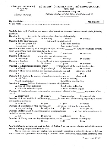 Đề thi thử tốt nghiệp THPT Quốc gia năm 2019 môn Tiếng Anh - Trường THPT Nguyễn Huệ (Có đáp án)