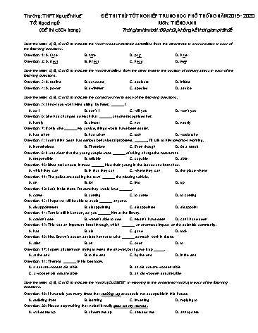 Đề thi thử tốt nghiệp Trung học Phổ thông môn Tiếng Anh - Năm học 2019-2020 - Trường THPT Nguyễn Huệ (Có đáp án)