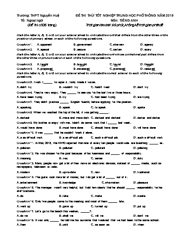 Đề thi thử tốt nghiệp Trung học Phổ thông năm 2019 môn Tiếng Anh - Trường THPT Nguyễn Huệ (Có đáp án)