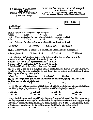 Đề thi thử Trung học Phổ thông Quốc gia môn Sinh học - Năm học 2019-2020 - Trường THPT Phan Chu Trinh (Có đáp án)