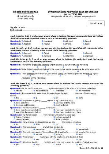 Đề thi thử Trung học Phổ thông Quốc gia năm 2017 môn Tiếng Anh