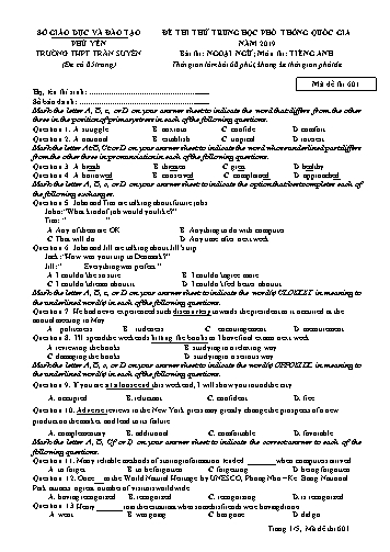 Đề thi thử Trung học Phổ thông Quốc gia năm 2019 môn Tiếng Anh - Trường THPT Trần Suyền (Có đáp án)