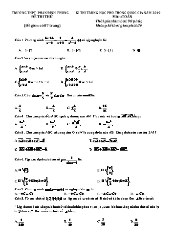 Đề thi thử Trung học Phổ thông Quốc gia năm 2019 môn Toán - Trường THPT Phan Đình Phùng (Có đáp án)
