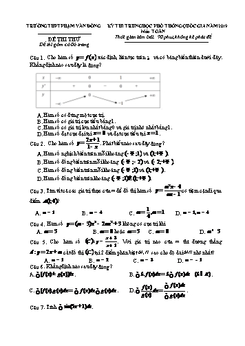 Đề thi thử Trung học Phổ thông Quốc gia năm 2019 môn Toán - Trường THPT Phạm Văn Đồng (Có đáp án)