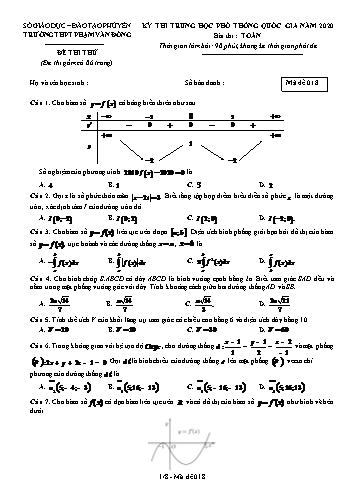 Đề thi thử Trung học Phổ thông Quốc gia năm 2020 môn Toán - Trường THPT Phạm Văn Đồng (Có đáp án)