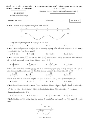 Đề thi thử Trung học Phổ thông Quốc gia năm 2020 môn Toán - Trường THPT Phạm Văn Đồng