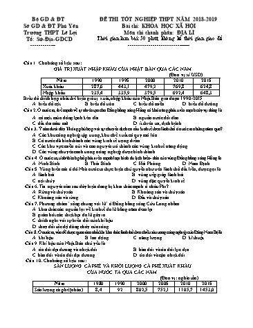 Đề thi tốt nghiệp THPT môn Địa lí - Năm học 2018-2019 - Trường THPT Lê Lợi (Có đáp án)
