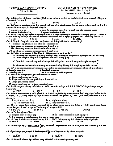 Đề thi tốt nghiệp THPT năm 2019 môn Vật lý - Trường PT DNNT tỉnh Phú Yên (Có đáp án)