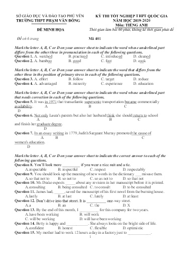 Đề thi tốt nghiệp THPT Quốc gia môn Tiếng Anh - Năm học 2019-2020 - Trường THPT Phạm Văn Đồng (Có đáp án)