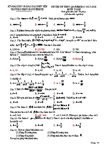 Đề thi tốt nghiệp THPT Quốc gia môn Toán - Năm học 2017-2018 - Trường THPT Nguyễn Huệ (Có đáp án)