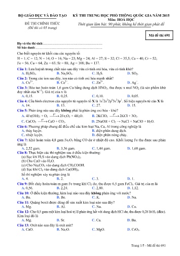 Đề thi Trung học Phổ thông Quốc gia năm 2015 môn Hóa học - Mã đề thi 691 (Có đáp án)