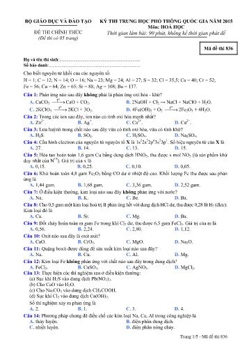 Đề thi Trung học Phổ thông Quốc gia năm 2015 môn Hóa học - Mã đề thi 836 (Có đáp án)