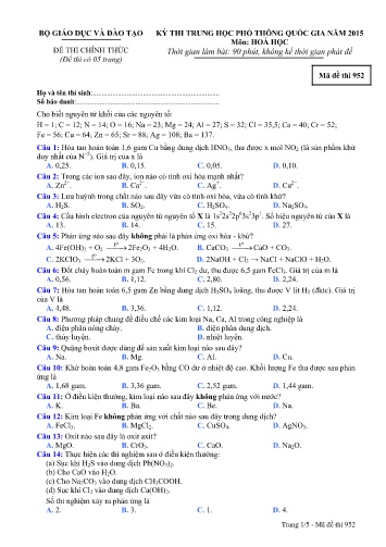 Đề thi Trung học Phổ thông Quốc gia năm 2015 môn Hóa học - Mã đề thi 952 (Có đáp án)