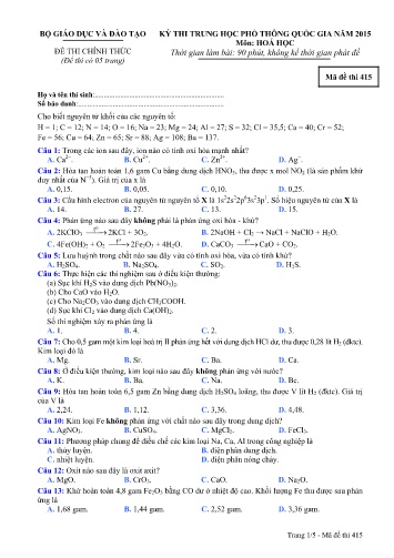 Đề thi Trung học Phổ thông Quốc gia năm 2015 môn Hóa học - Mã đề thi 415 (Có đáp án)