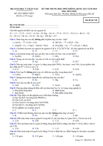Đề thi Trung học Phổ thông Quốc gia năm 2015 môn Hóa học - Mã đề thi 748 (Có đáp án)