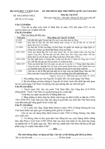 Đề thi Trung học Phổ thông Quốc gia năm 2015 môn Lịch sử (Có đáp án)