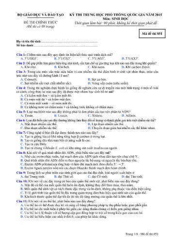 Đề thi Trung học Phổ thông Quốc gia năm 2015 môn Sinh học - Mã đề thi 851 (Có đáp án)