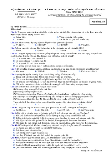 Đề thi Trung học Phổ thông Quốc gia năm 2015 môn Sinh học - Mã đề thi 268 (Có đáp án)