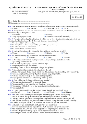 Đề thi Trung học Phổ thông Quốc gia năm 2015 môn Sinh học - Mã đề thi 483 (Có đáp án)
