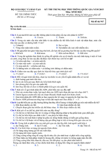 Đề thi Trung học Phổ thông Quốc gia năm 2015 môn Sinh học - Mã đề thi 947 (Có đáp án)