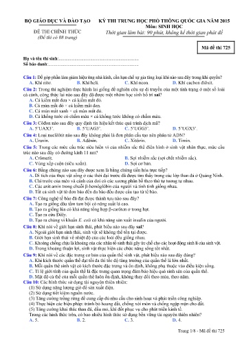 Đề thi Trung học Phổ thông Quốc gia năm 2015 môn Sinh học - Mã đề thi 725 (Có đáp án)