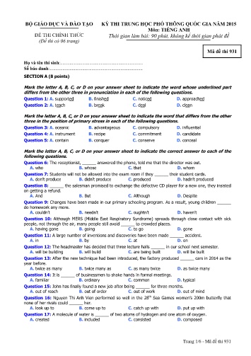 Đề thi Trung học Phổ thông Quốc gia năm 2015 môn Tiếng Anh - Mã đề thi 931 (Có đáp án)