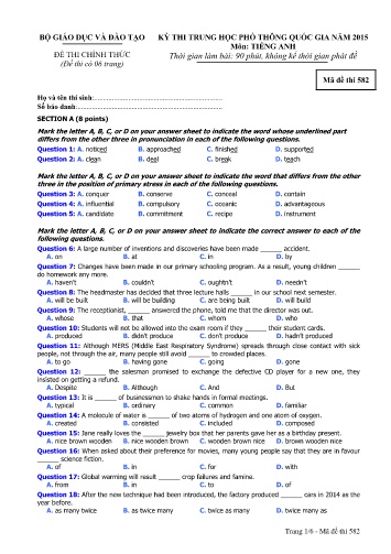 Đề thi Trung học Phổ thông Quốc gia năm 2015 môn Tiếng Anh - Mã đề thi 582 (Có đáp án)
