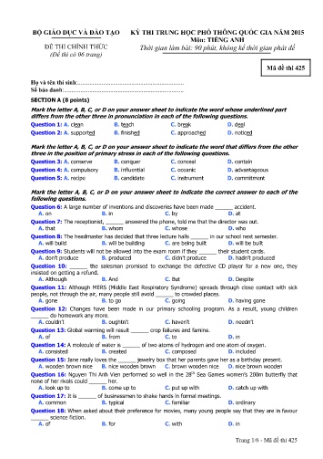 Đề thi Trung học Phổ thông Quốc gia năm 2015 môn Tiếng Anh - Mã đề thi 425 (Có đáp án)