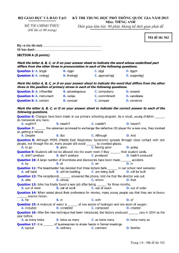 Đề thi Trung học Phổ thông Quốc gia năm 2015 môn Tiếng Anh - Mã đề thi 362 (Có đáp án)