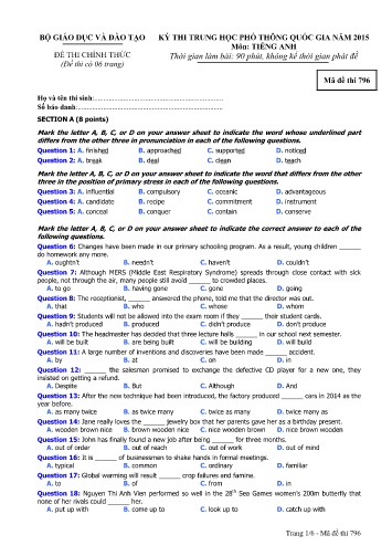 Đề thi Trung học Phổ thông Quốc gia năm 2015 môn Tiếng Anh - Mã đề thi 796 (Có đáp án)