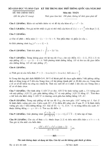 Đề thi Trung học Phổ thông Quốc gia năm 2015 môn Toán (Có đáp án)
