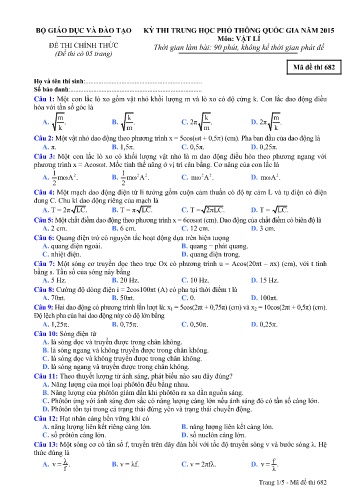 Đề thi Trung học Phổ thông Quốc gia năm 2015 môn Vật lí - Mã đề thi 682 (Có đáp án)