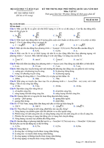 Đề thi Trung học Phổ thông Quốc gia năm 2015 môn Vật lí - Mã đề thi 841 (Có đáp án)