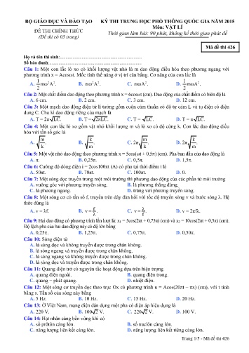 Đề thi Trung học Phổ thông Quốc gia năm 2015 môn Vật lí - Mã đề thi 426 (Có đáp án)