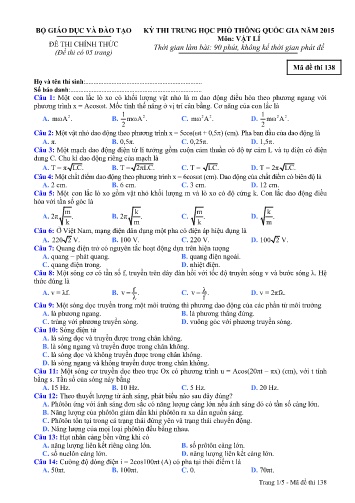 Đề thi Trung học Phổ thông Quốc gia năm 2015 môn Vật lí - Mã đề thi 138 (Có đáp án)