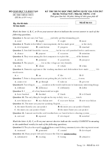 Đề thi Trung học Phổ thông Quốc gia năm 2017 môn Tiếng Anh - Mã đề thi 410