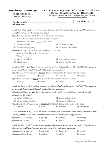 Đề thi Trung học Phổ thông Quốc gia năm 2017 môn Tiếng Anh - Mã đề thi 404