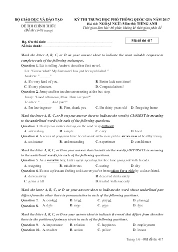 Đề thi Trung học Phổ thông Quốc gia năm 2017 môn Tiếng Anh - Mã đề thi 417
