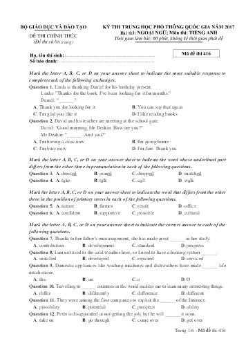 Đề thi Trung học Phổ thông Quốc gia năm 2017 môn Tiếng Anh - Mã đề thi 416