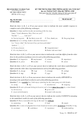 Đề thi Trung học Phổ thông Quốc gia năm 2017 môn Tiếng Anh - Mã đề thi 407