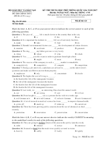 Đề thi Trung học Phổ thông Quốc gia năm 2017 môn Tiếng Anh - Mã đề thi 420