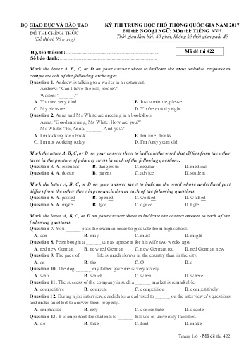 Đề thi Trung học Phổ thông Quốc gia năm 2017 môn Tiếng Anh - Mã đề thi 422