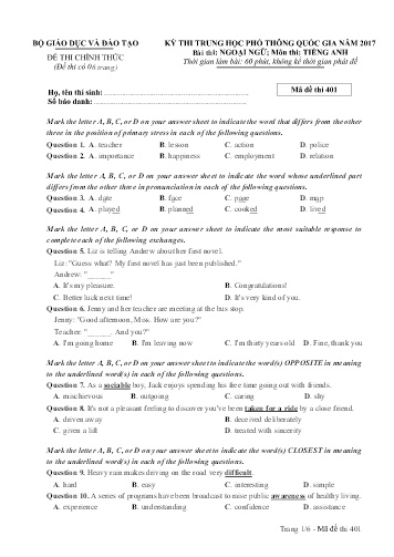 Đề thi Trung học Phổ thông Quốc gia năm 2017 môn Tiếng Anh - Mã đề thi 401