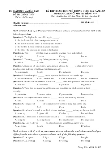 Đề thi Trung học Phổ thông Quốc gia năm 2017 môn Tiếng Anh - Mã đề thi 412
