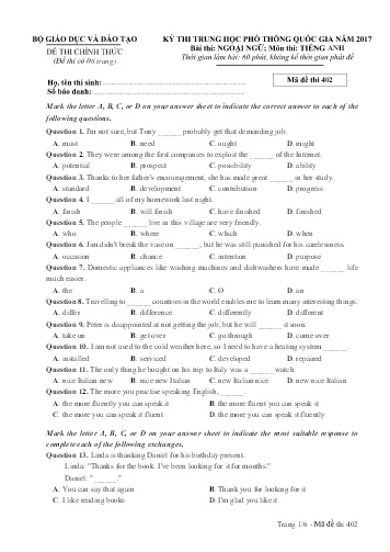 Đề thi Trung học Phổ thông Quốc gia năm 2017 môn Tiếng Anh - Mã đề thi 402
